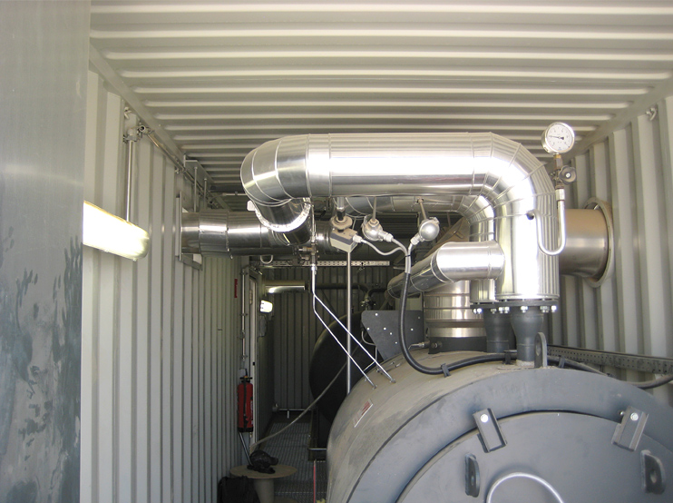 Direct fired thermal oil heater installed in container